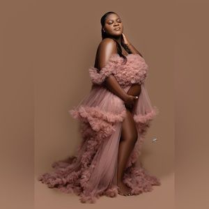 Women's Tulle Robe for Maternity Photoshoot Puffy Ruffles - Rusty Rose